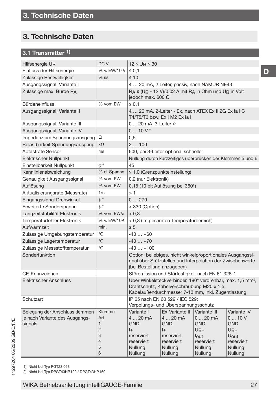 D3. technische daten, Technische daten, 1 transmitter | Wika betriebsanleitung intelligauge-familie 7 | WIKA PGT43.100 User Manual | Page 27 / 88