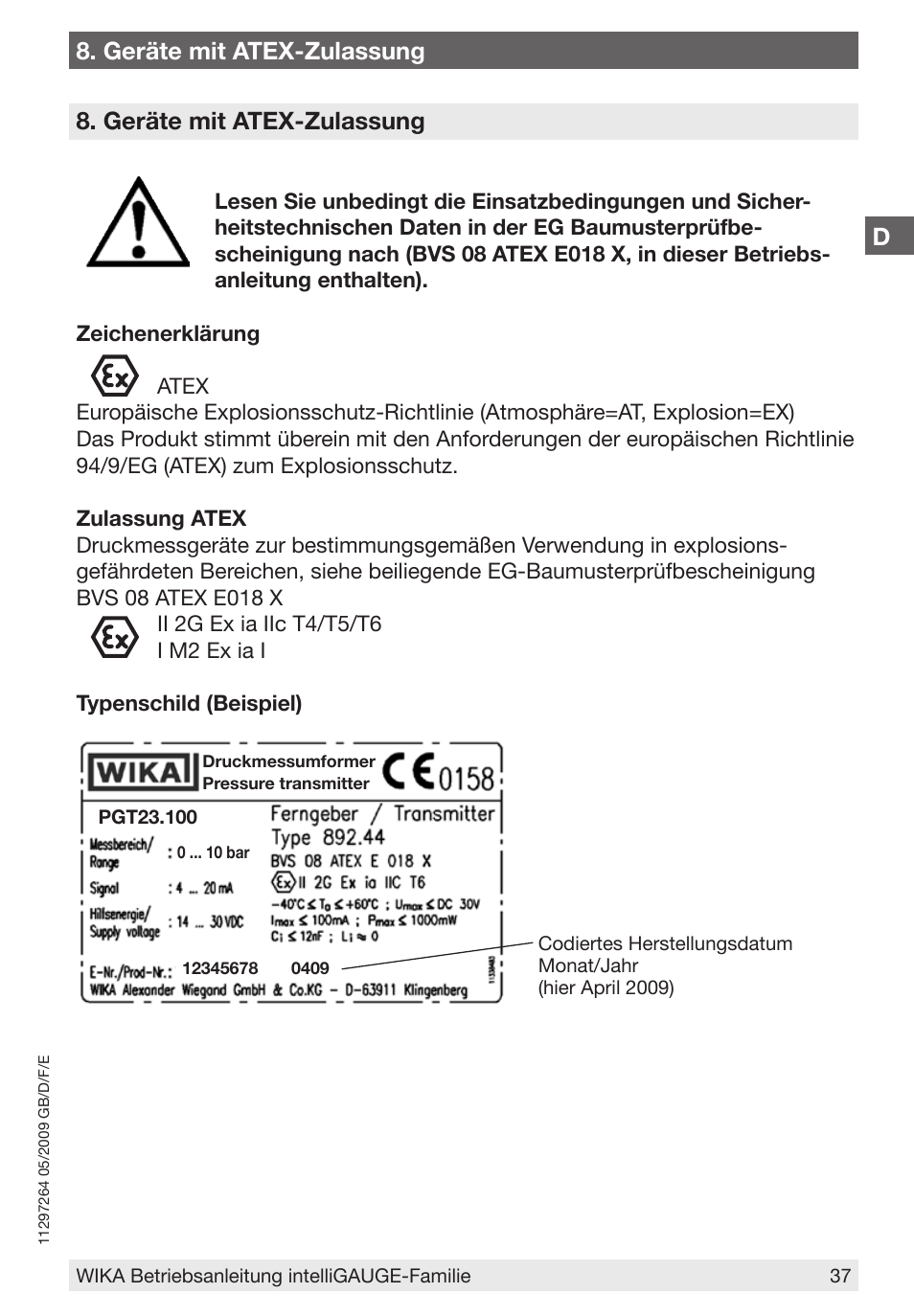 D8. geräte mit atex-zulassung, Geräte mit atex-zulassung | WIKA PGT43.100 User Manual | Page 37 / 88