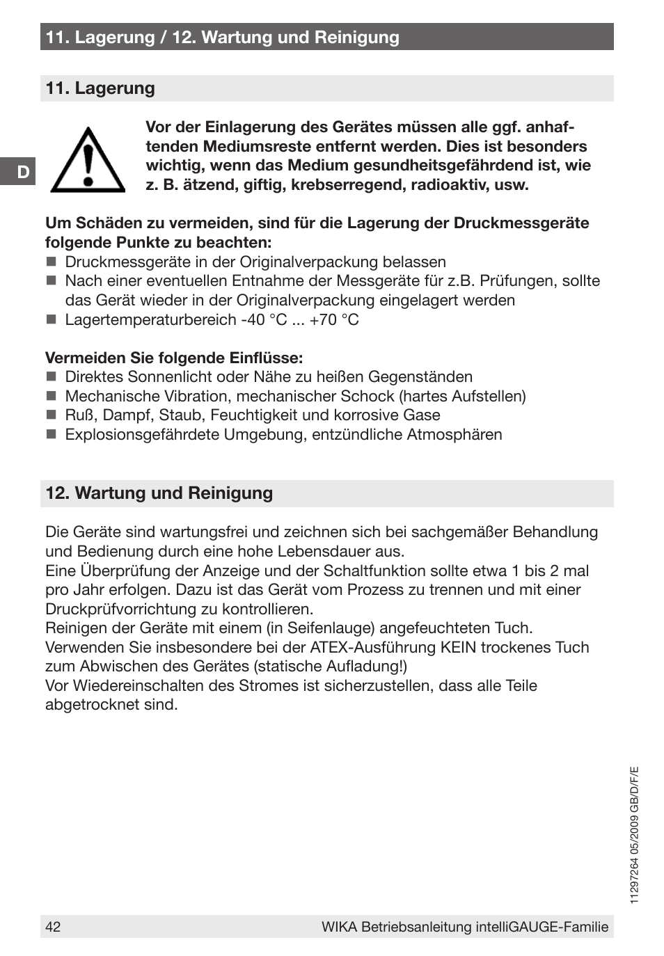 D11. lagerung / 12. wartung und reinigung, Lagerung, Wartung und reinigung | WIKA PGT43.100 User Manual | Page 42 / 88