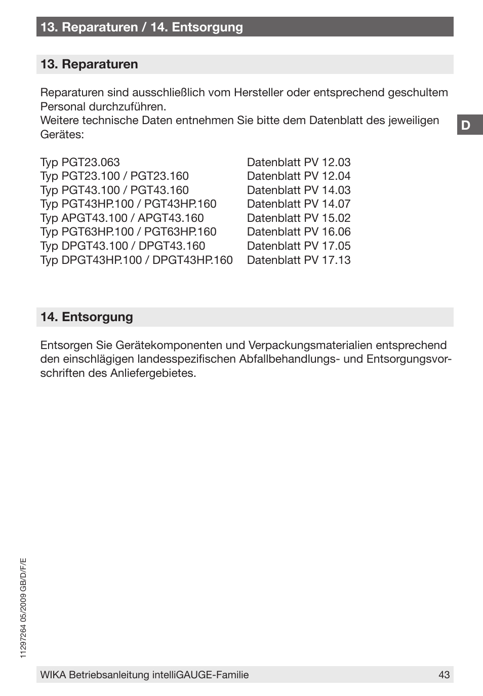 D13. reparaturen / 14. entsorgung, Reparaturen, Entsorgung | WIKA PGT43.100 User Manual | Page 43 / 88