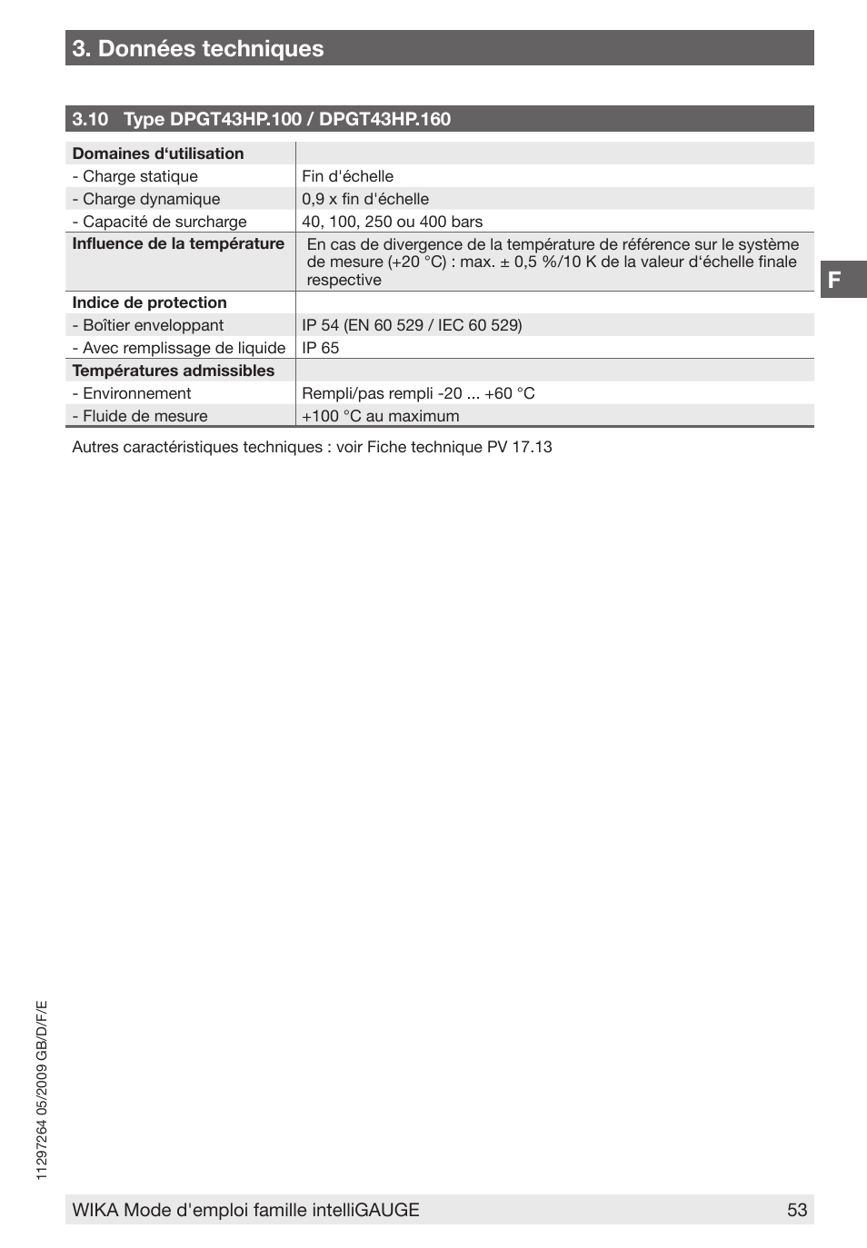 F3. données techniques | WIKA PGT43.100 User Manual | Page 53 / 88