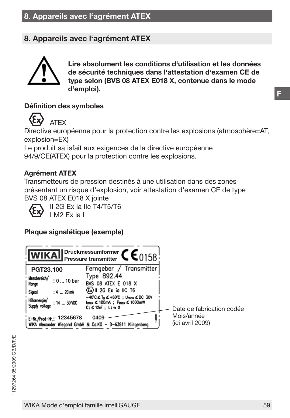 F8. appareils avec l‘agrément atex, Appareils avec l‘agrément atex | WIKA PGT43.100 User Manual | Page 59 / 88