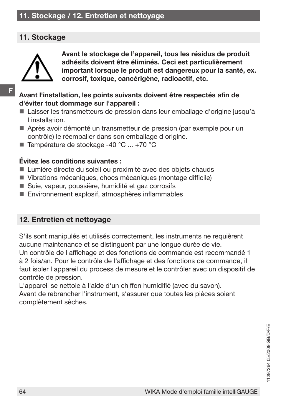 F11. stockage / 12. entretien et nettoyage, Stockage, Entretien et nettoyage | WIKA PGT43.100 User Manual | Page 64 / 88