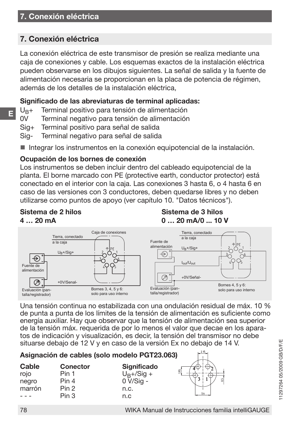 E7. conexión eléctrica, Conexión eléctrica | WIKA PGT43.100 User Manual | Page 78 / 88