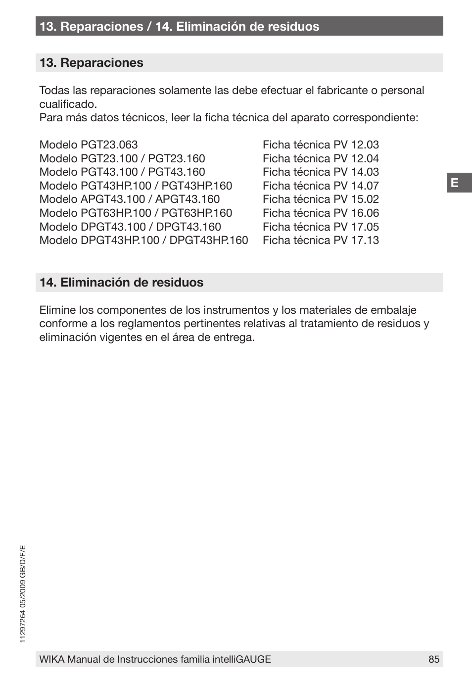 E13. reparaciones / 14. eliminación de residuos, Reparaciones, Eliminación de residuos | WIKA PGT43.100 User Manual | Page 85 / 88
