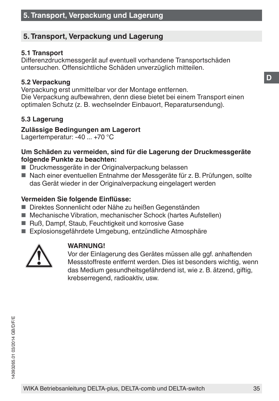 D5. transport, verpackung und lagerung, Transport, verpackung und lagerung | WIKA DPS40 User Manual | Page 35 / 92