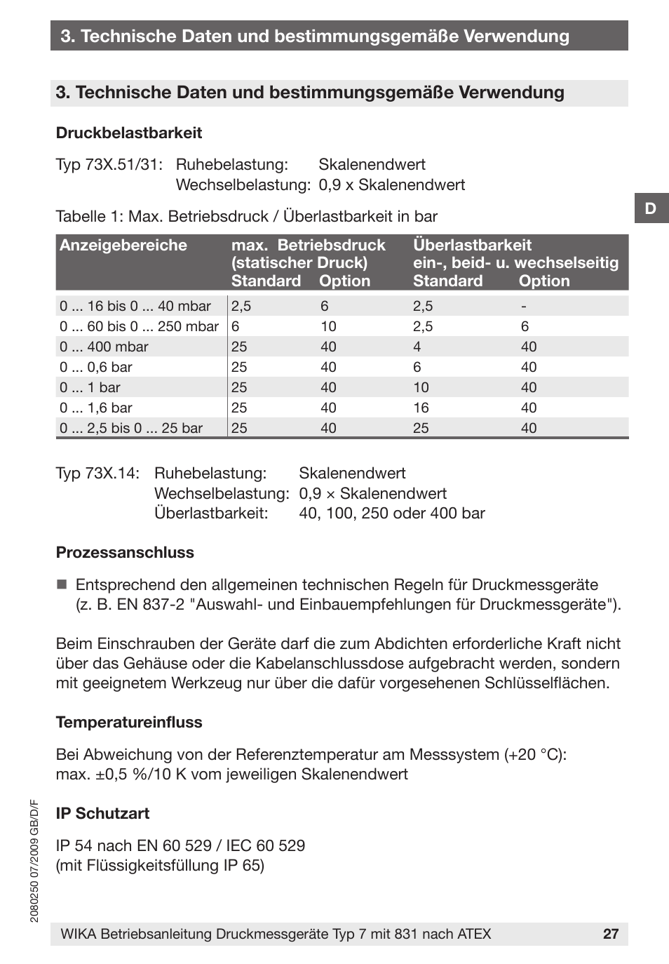 Technische daten und bestimmungsgemäße verwendung | WIKA DPGS43HP.160 User Manual | Page 27 / 56