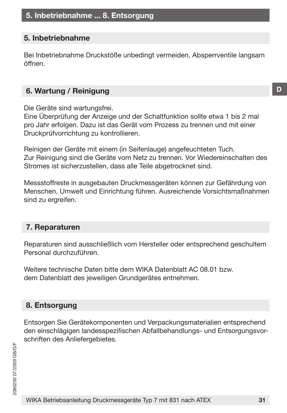 Inbetriebnahme, Wartung / reinigung, Reparaturen | Entsorgung, Inbetriebnahme . entsorgung | WIKA DPGS43HP.160 User Manual | Page 31 / 56