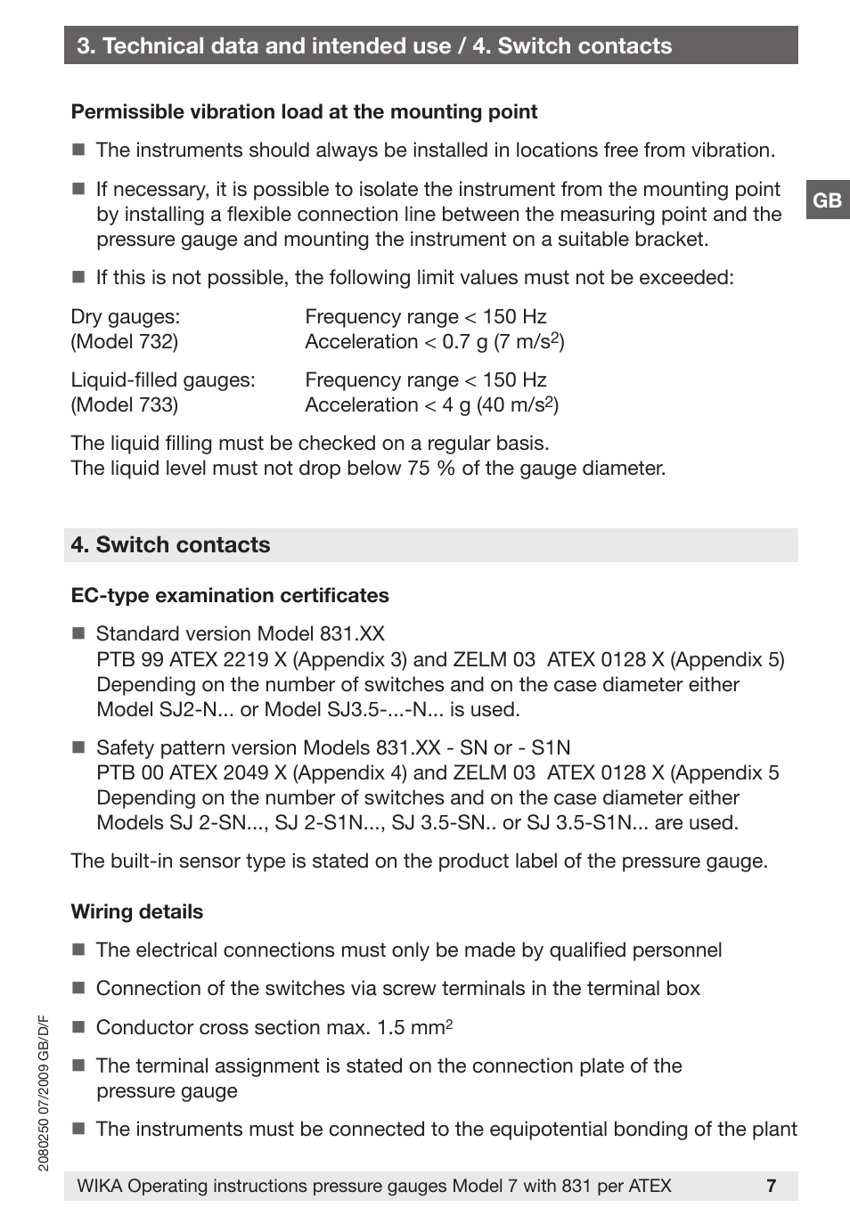 Switch contacts | WIKA DPGS43HP.160 User Manual | Page 7 / 56