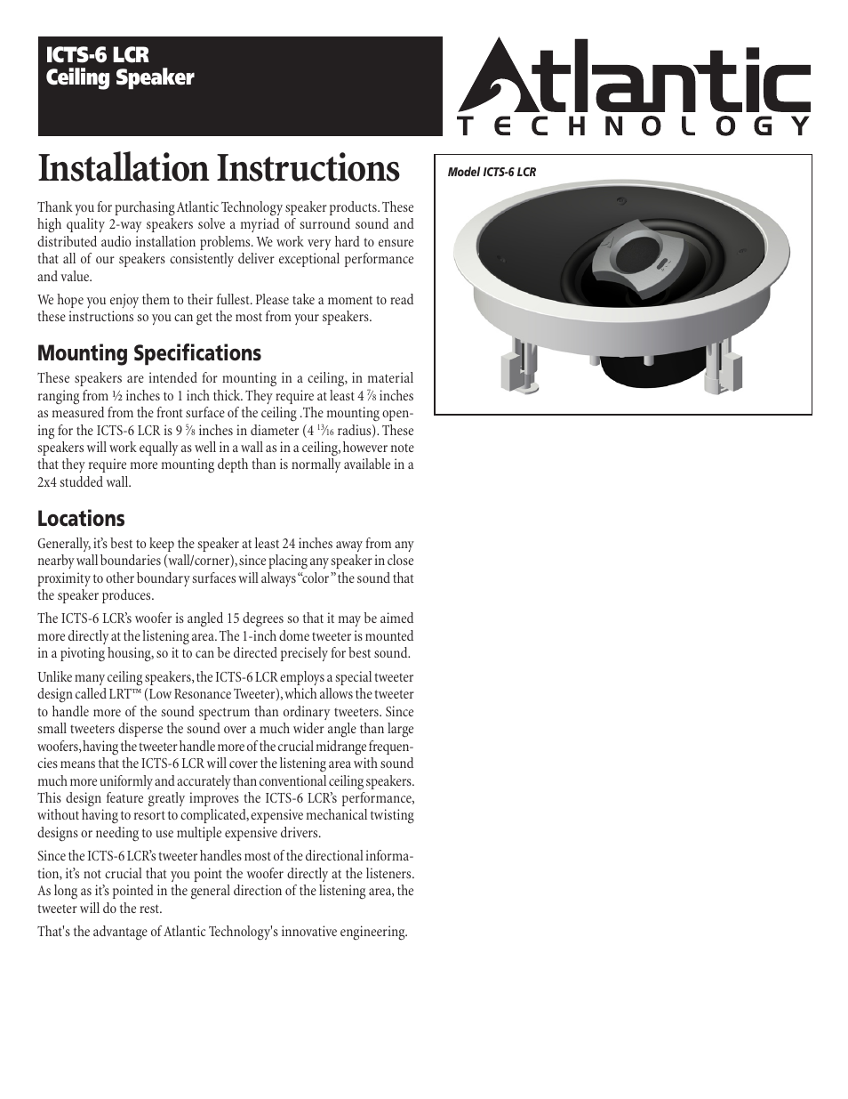 Atlantic Technology ICTS-6 LCR User Manual | 2 pages