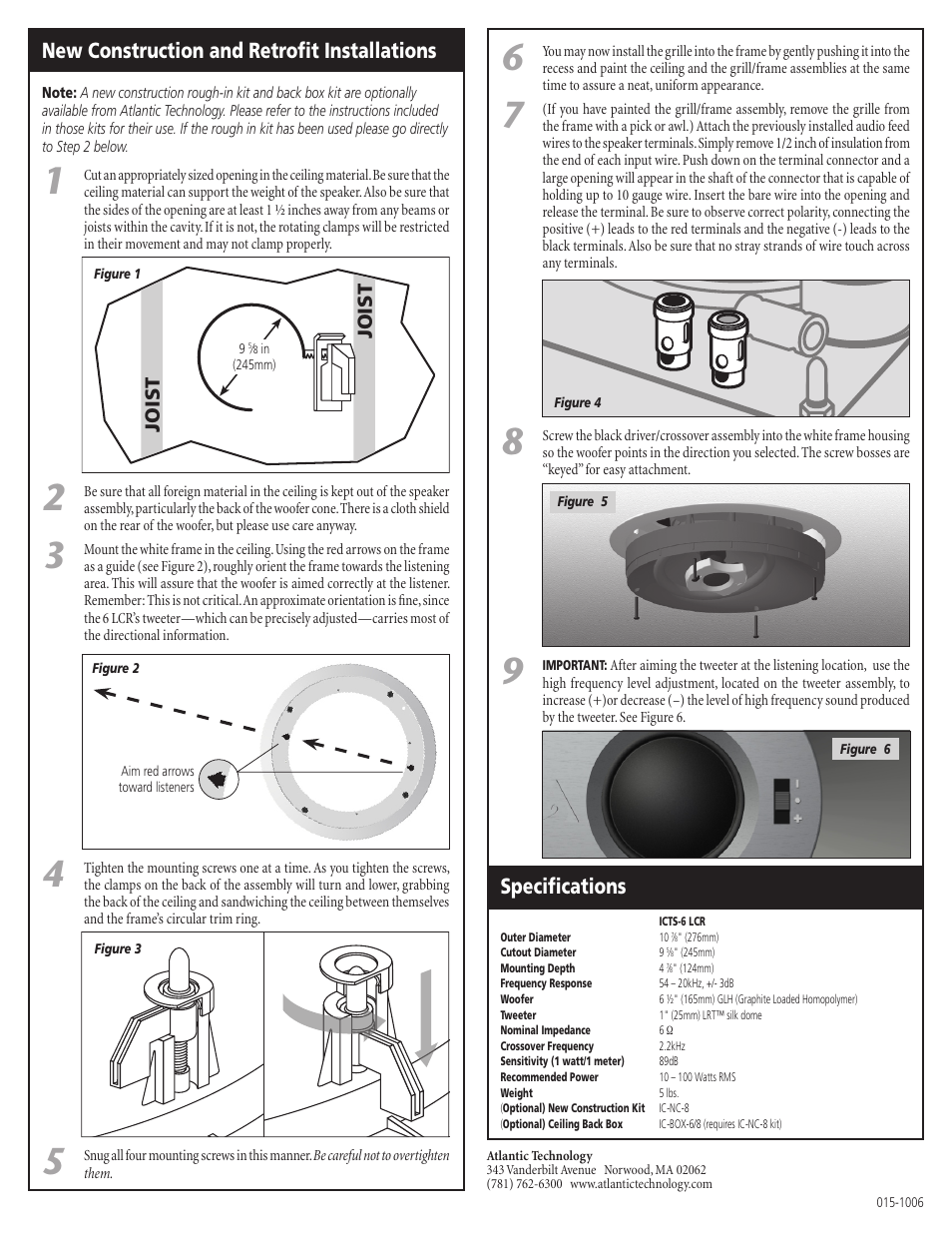 New construction and retroﬁt installations, Speciﬁcations | Atlantic Technology ICTS-6 LCR User Manual | Page 2 / 2