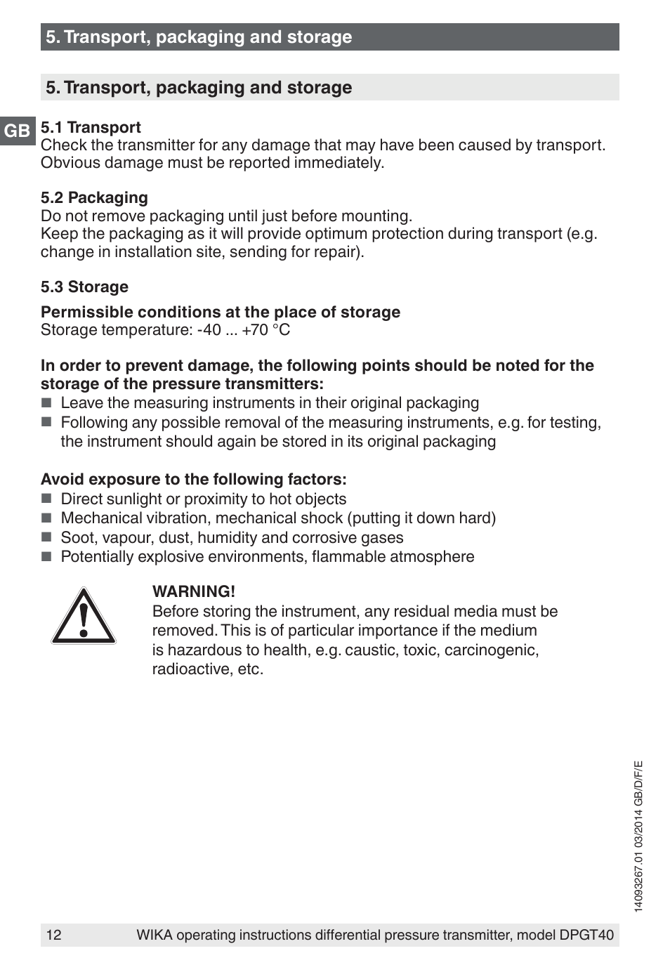 Transport, packaging and storage | WIKA DPGT40 User Manual | Page 12 / 76