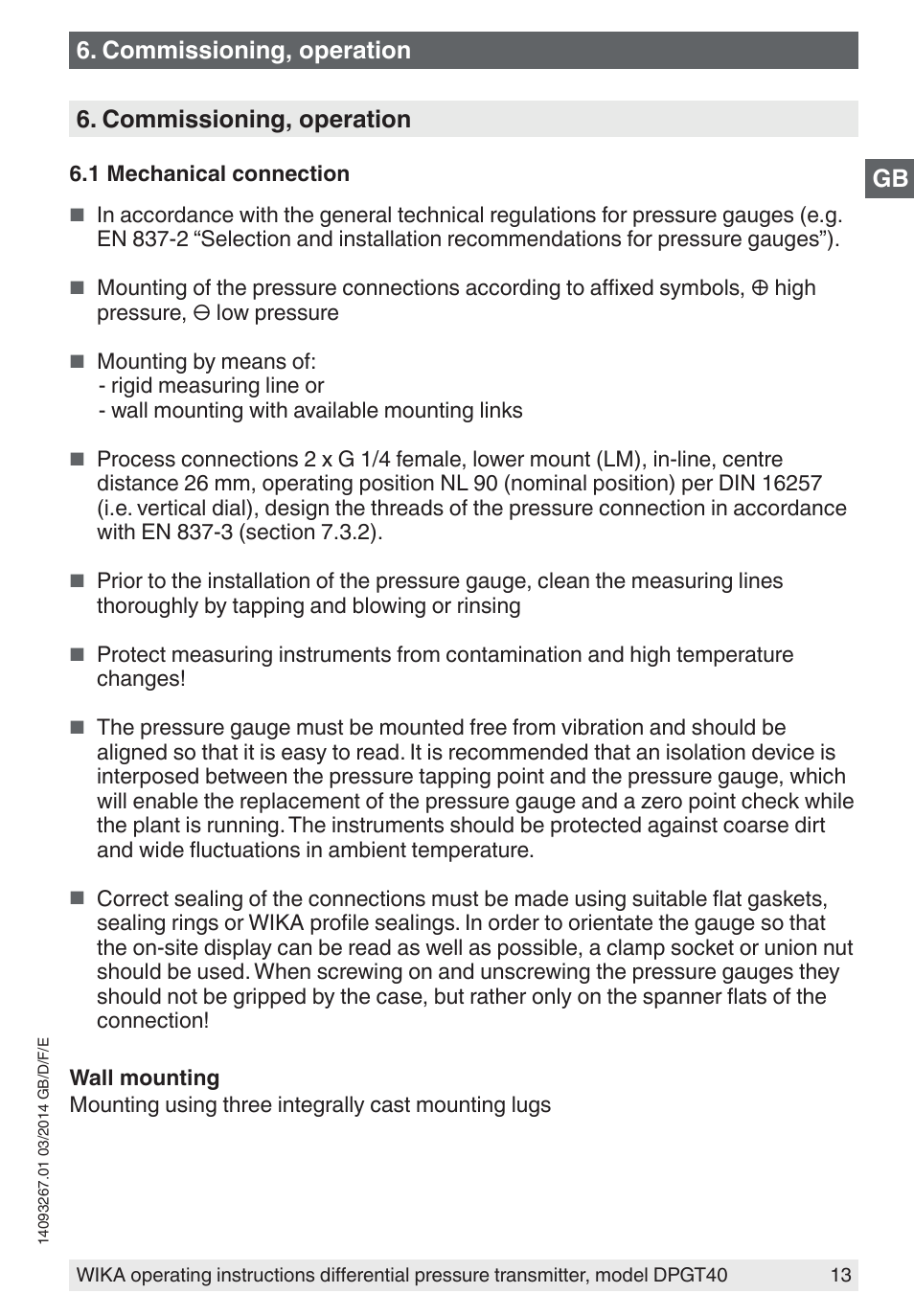 Commissioning, operation | WIKA DPGT40 User Manual | Page 13 / 76