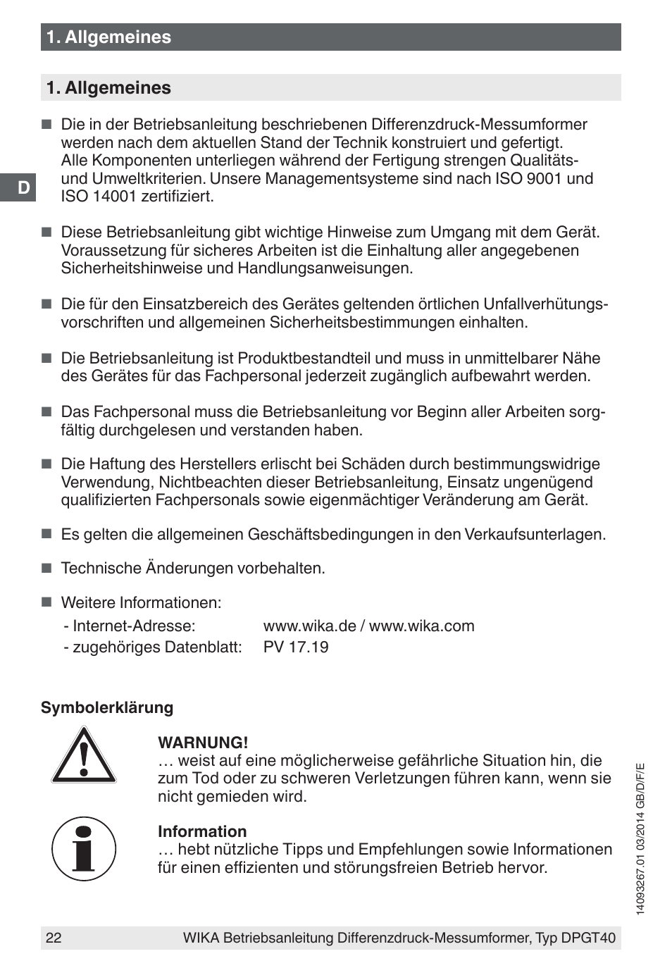 Allgemeines | WIKA DPGT40 User Manual | Page 22 / 76