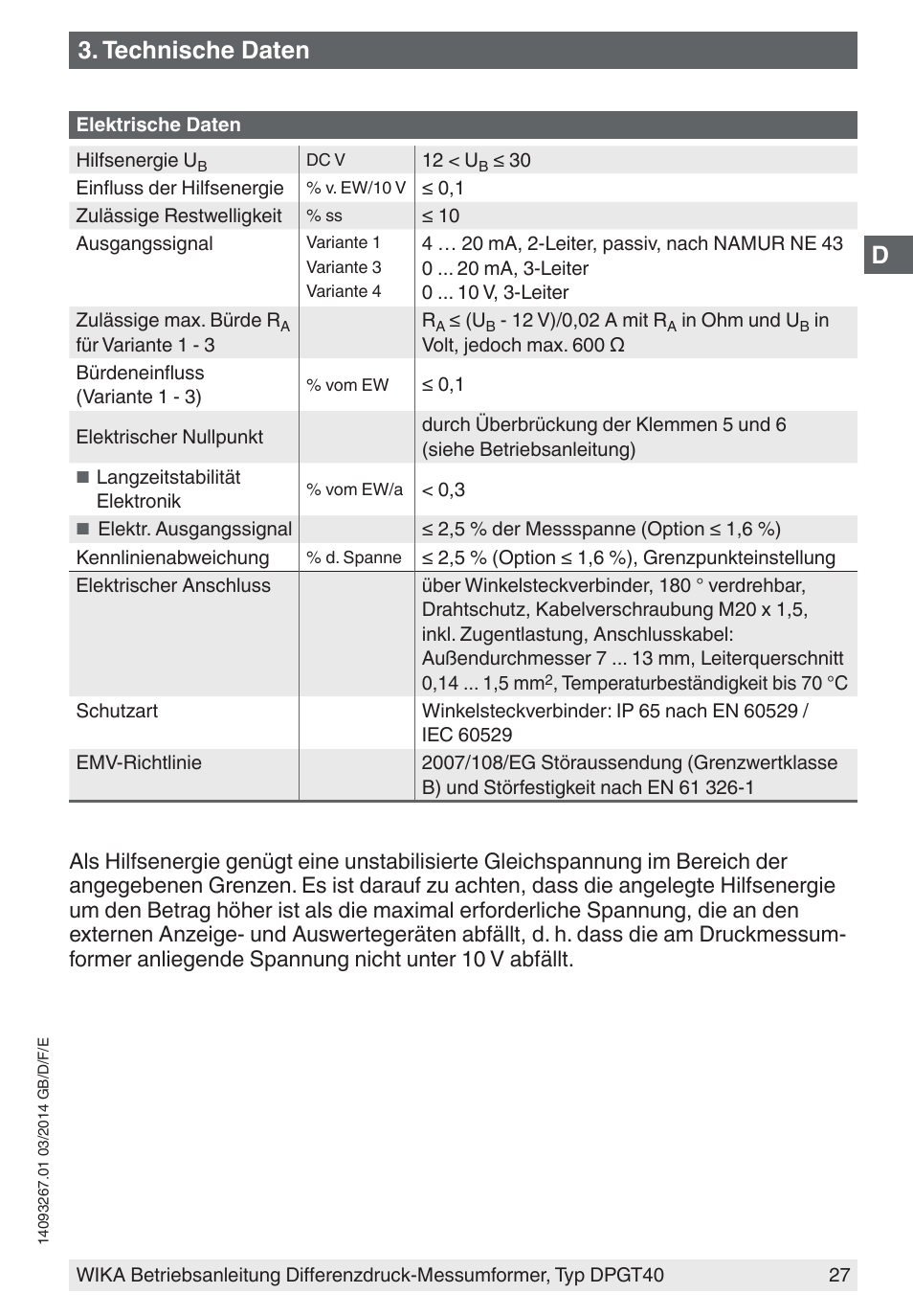 Technische daten | WIKA DPGT40 User Manual | Page 27 / 76