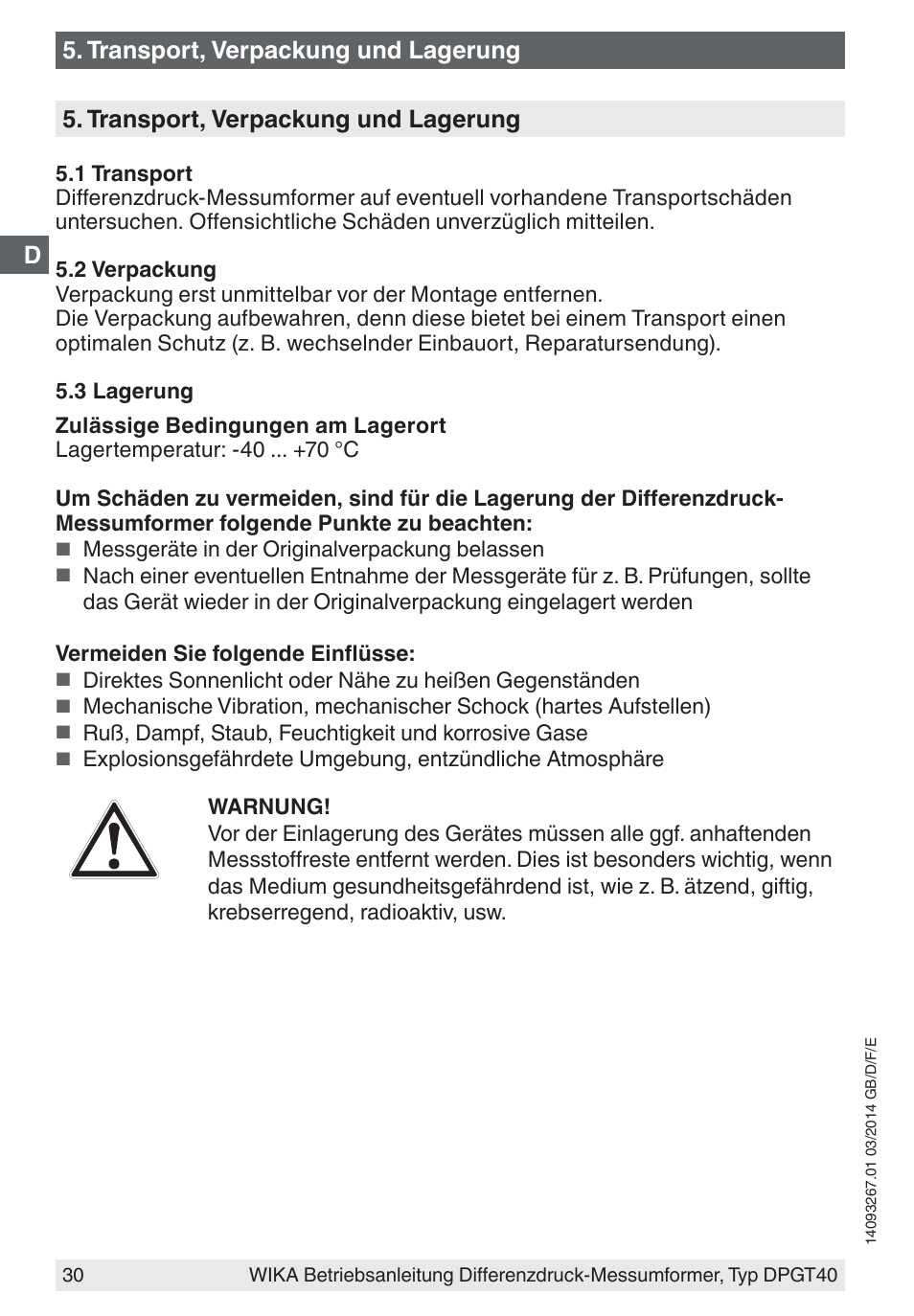 D5. transport, verpackung und lagerung, Transport, verpackung und lagerung | WIKA DPGT40 User Manual | Page 30 / 76