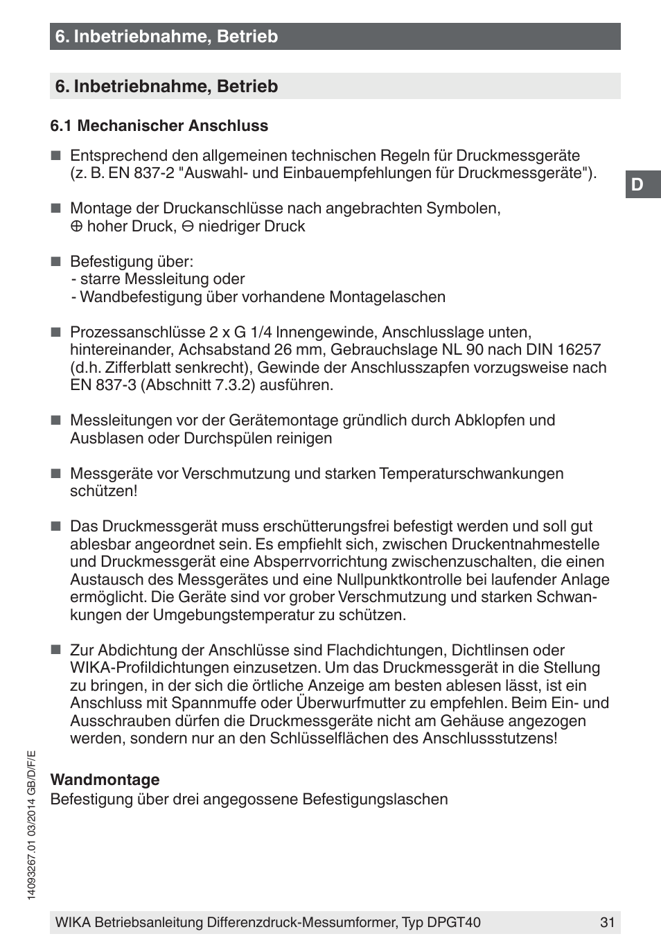 Inbetriebnahme, betrieb | WIKA DPGT40 User Manual | Page 31 / 76