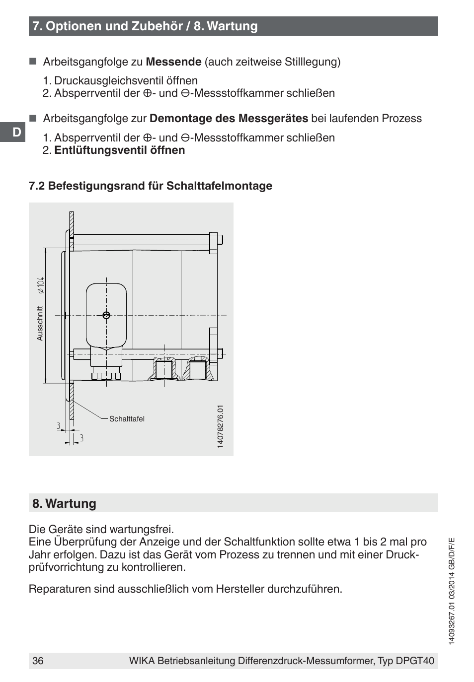 D7. optionen und zubehör / 8. wartung, Wartung | WIKA DPGT40 User Manual | Page 36 / 76