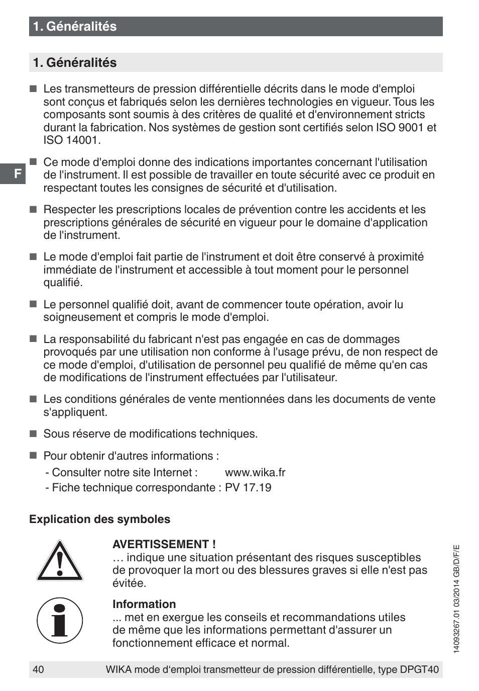 Généralités | WIKA DPGT40 User Manual | Page 40 / 76