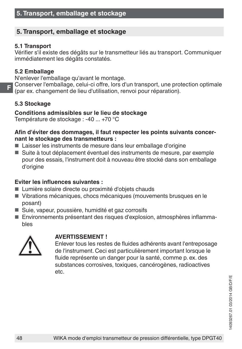 Transport, emballage et stockage | WIKA DPGT40 User Manual | Page 48 / 76