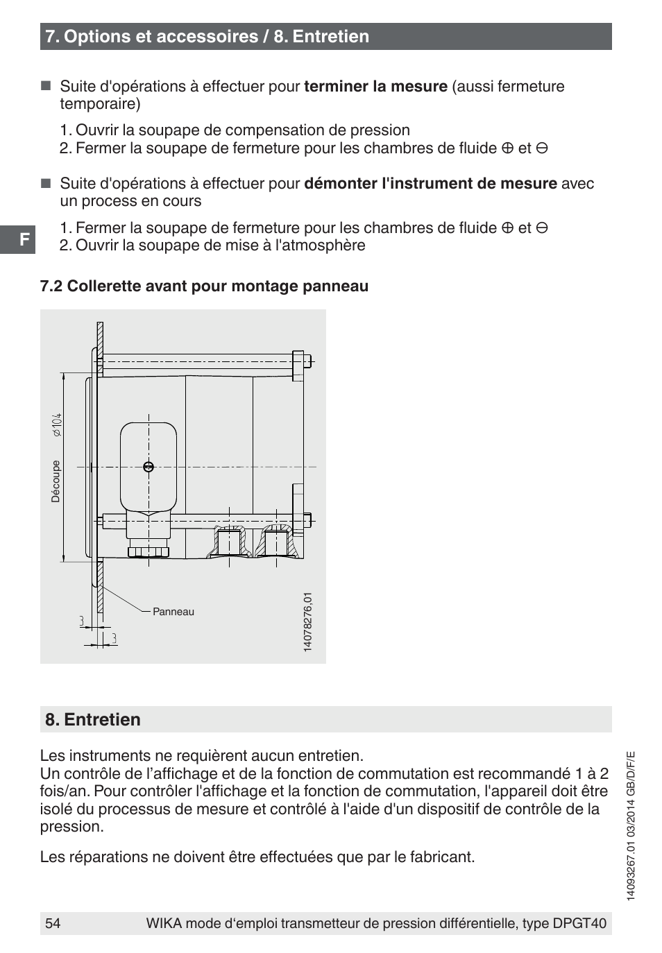 Options et accessoires / 8. entretien, Entretien | WIKA DPGT40 User Manual | Page 54 / 76