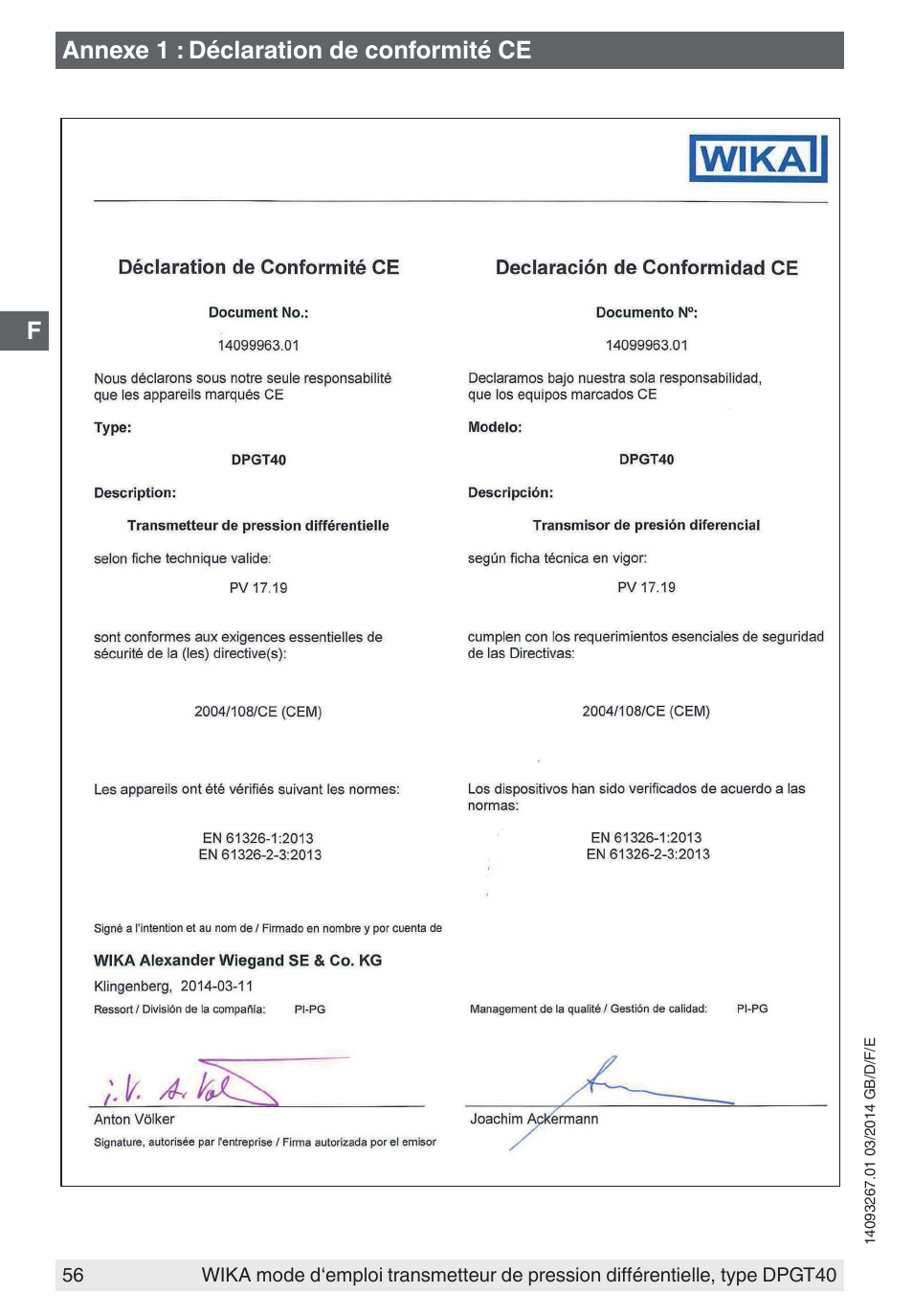 Annexe 1 : déclaration de conformité ce | WIKA DPGT40 User Manual | Page 56 / 76