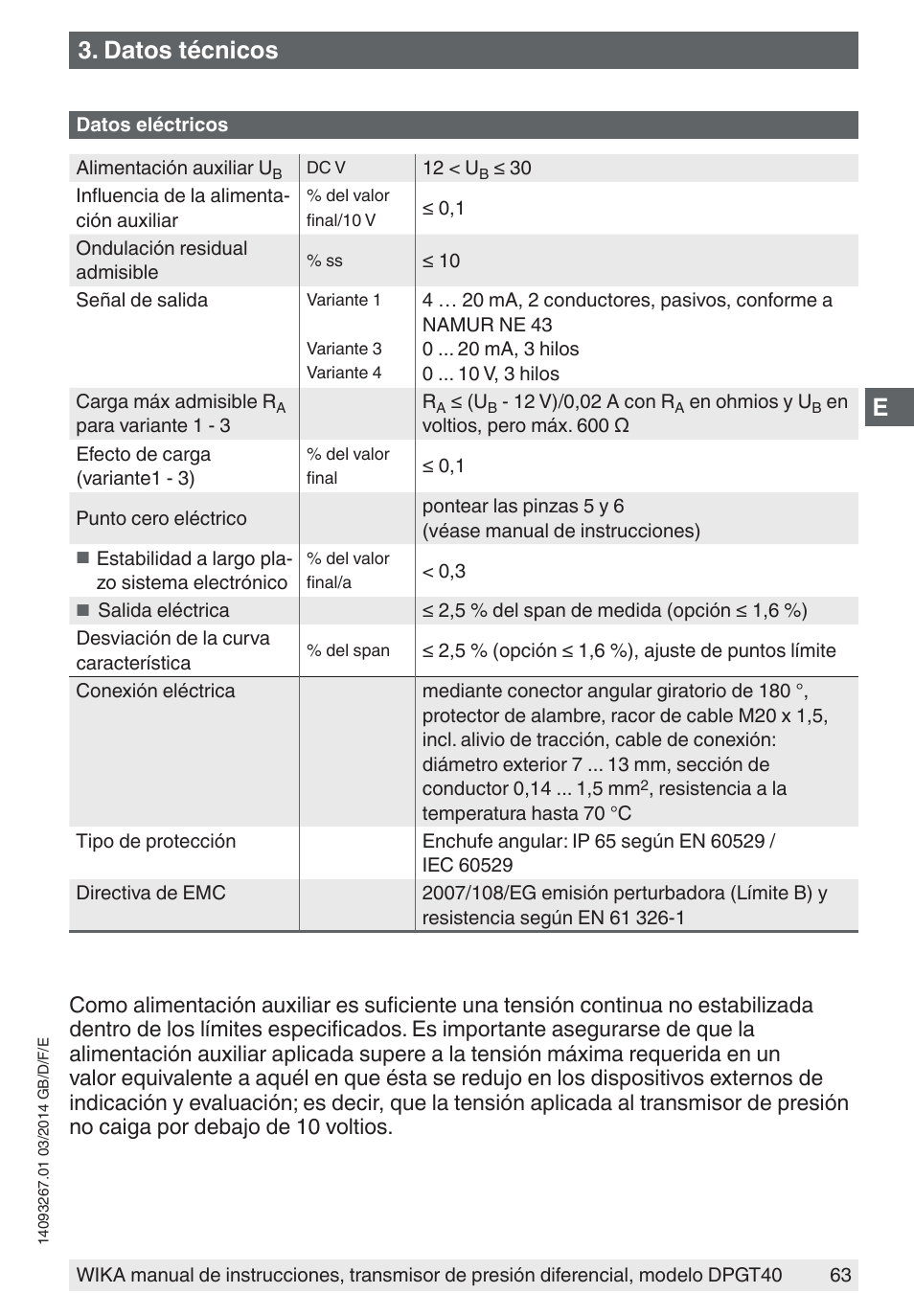 Datos técnicos | WIKA DPGT40 User Manual | Page 63 / 76