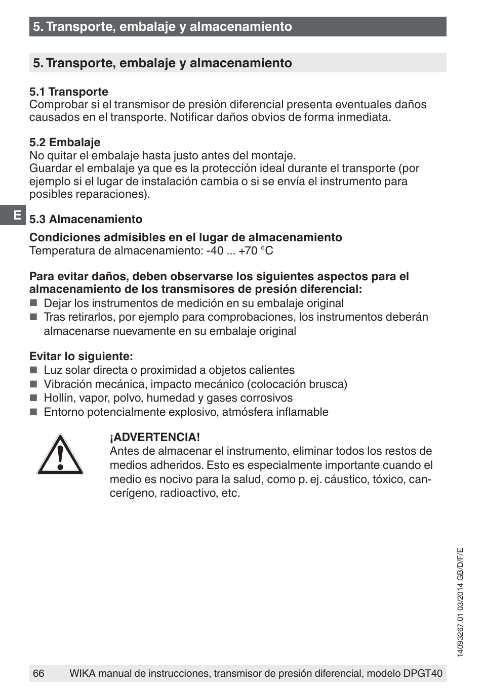 Transporte, embalaje y almacenamiento | WIKA DPGT40 User Manual | Page 66 / 76