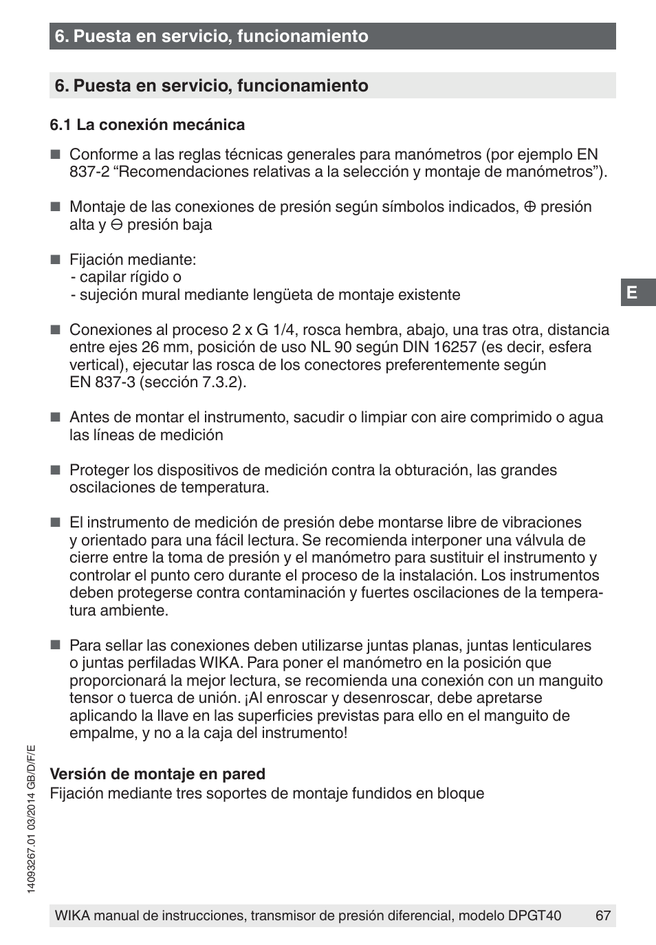 Puesta en servicio, funcionamiento | WIKA DPGT40 User Manual | Page 67 / 76