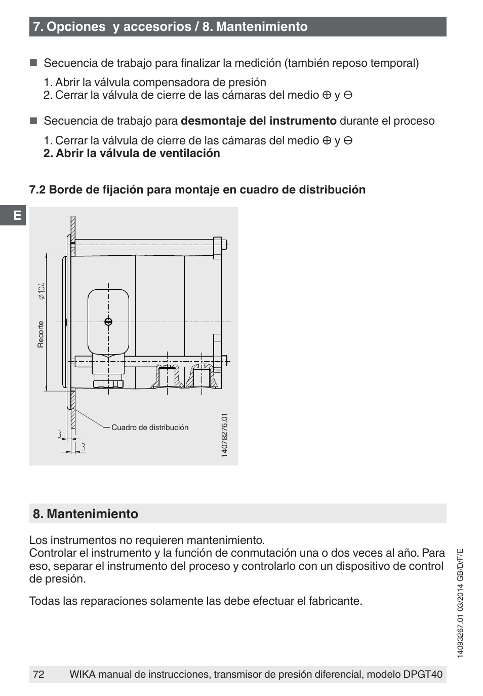 Opciones y accesorios / 8. mantenimiento, Mantenimiento | WIKA DPGT40 User Manual | Page 72 / 76