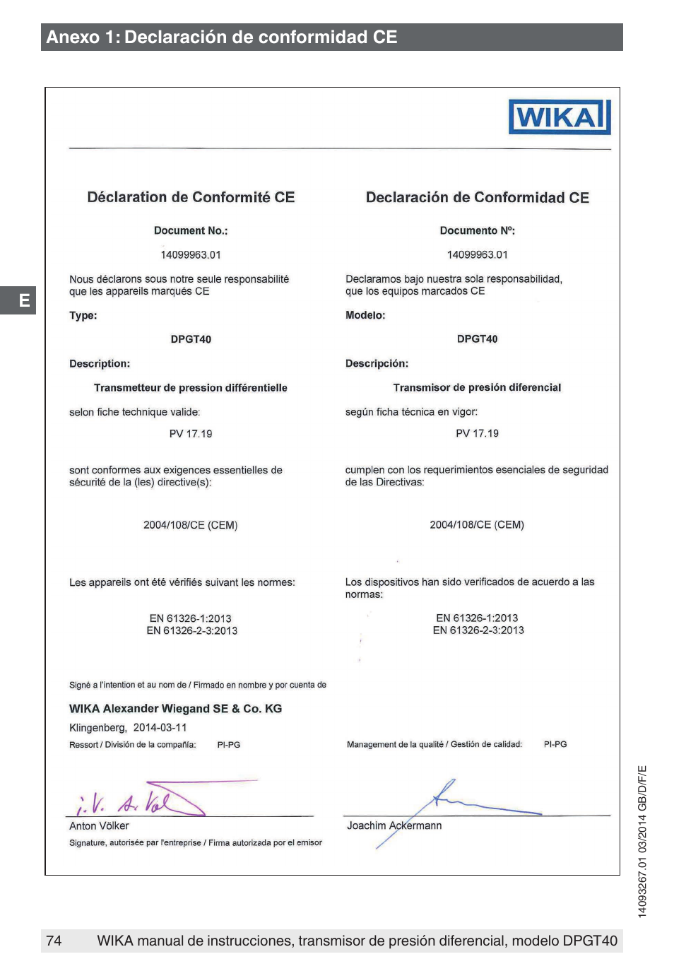 Anexo 1: declaración de conformidad ce | WIKA DPGT40 User Manual | Page 74 / 76