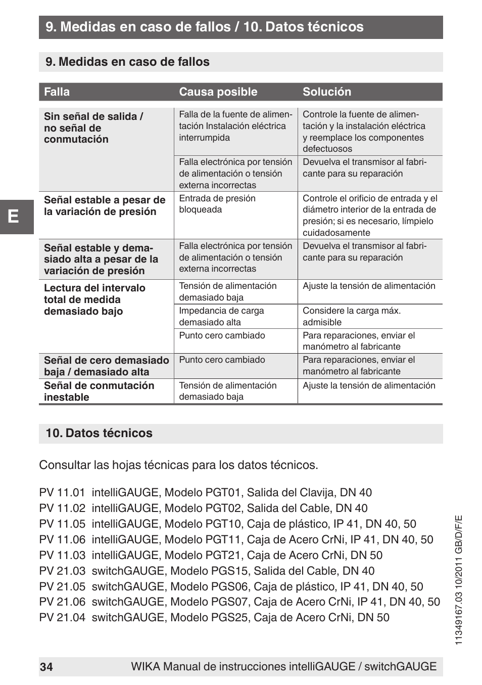 Medidas en caso de fallos / 10. datos técnicos | WIKA PGS07 User Manual | Page 34 / 36