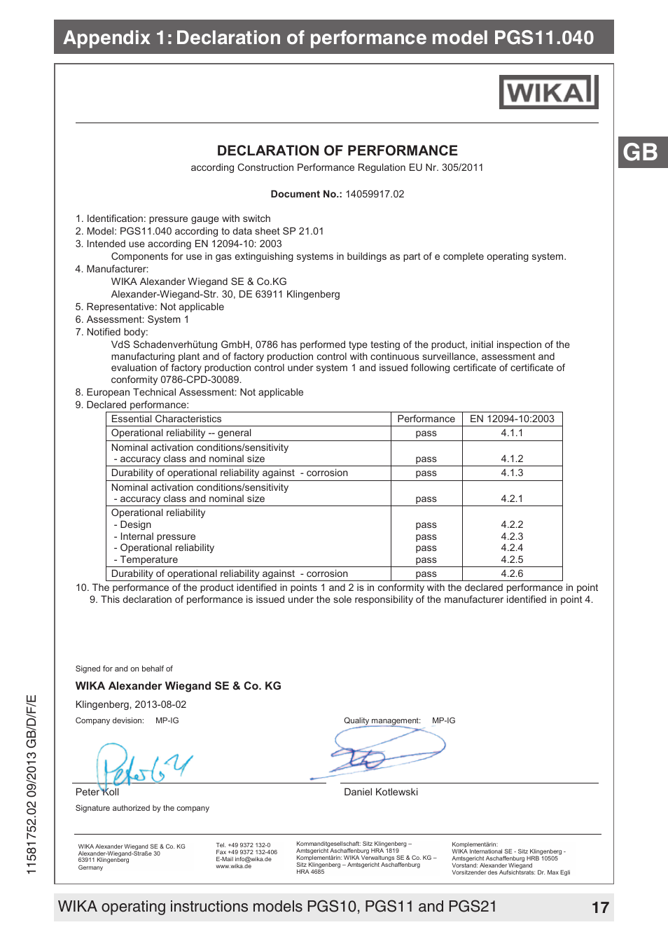 Declaration of performance | WIKA PGS21 User Manual | Page 17 / 68