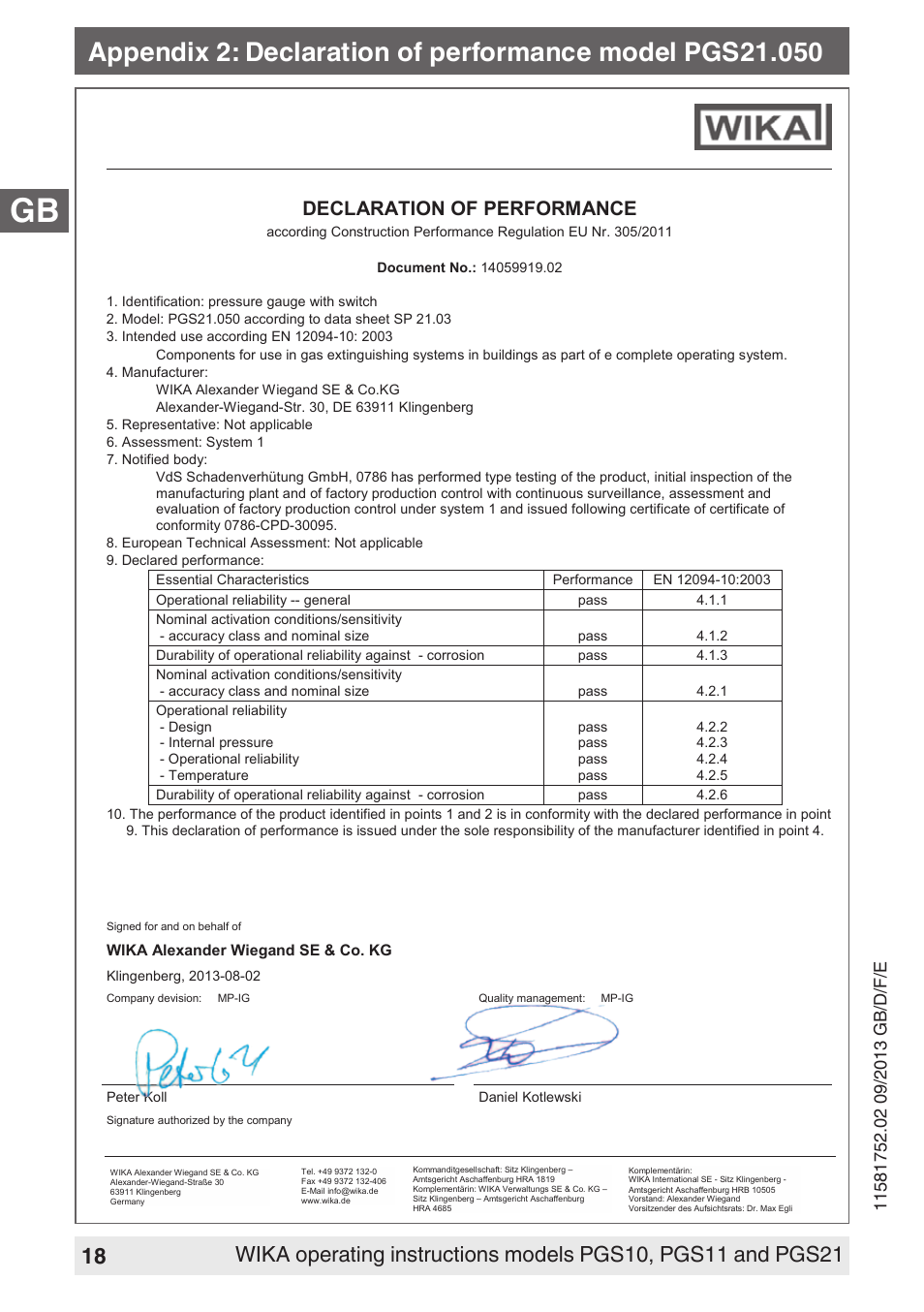 Declaration of performance | WIKA PGS21 User Manual | Page 18 / 68