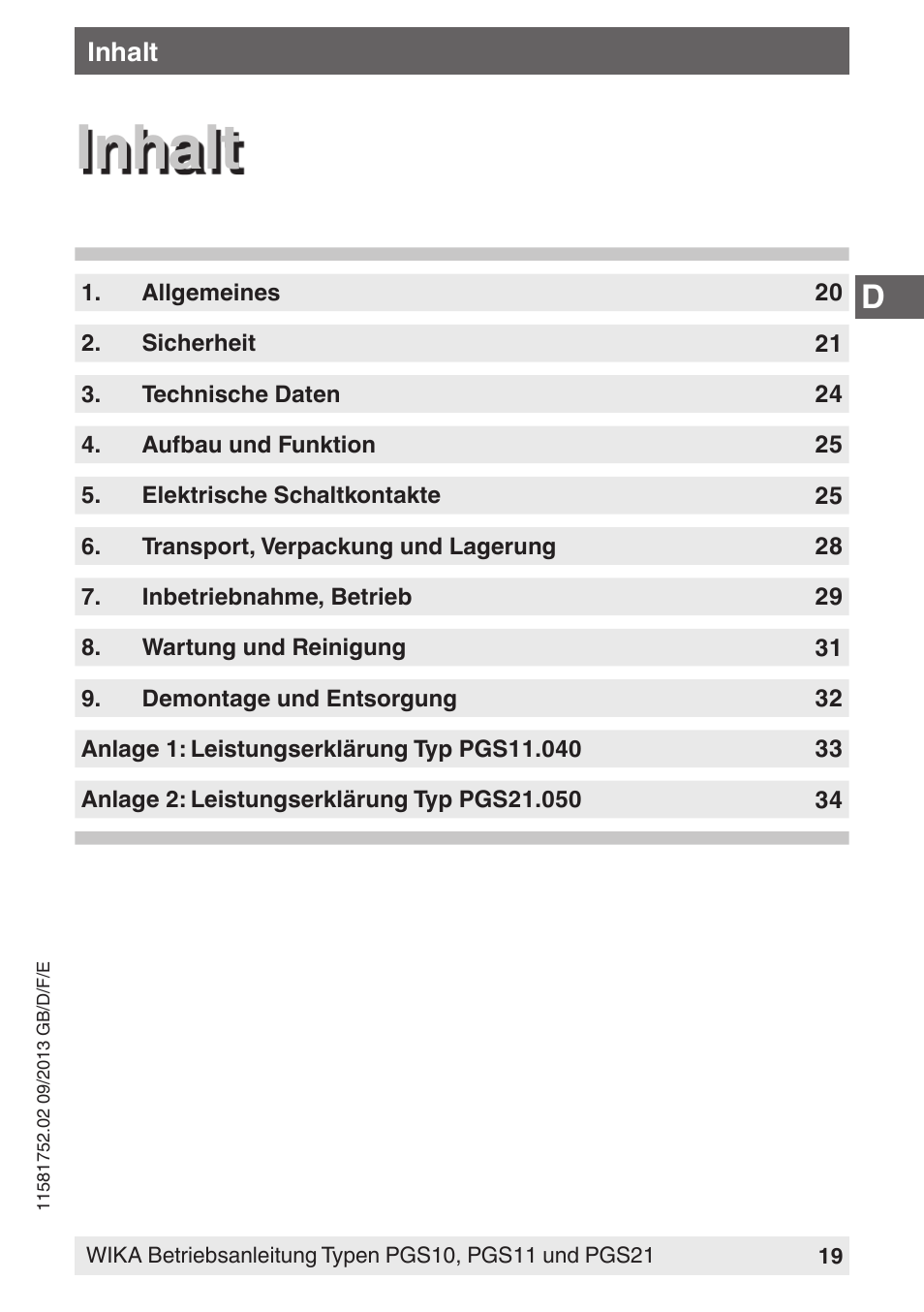 Inhalt | WIKA PGS21 User Manual | Page 19 / 68