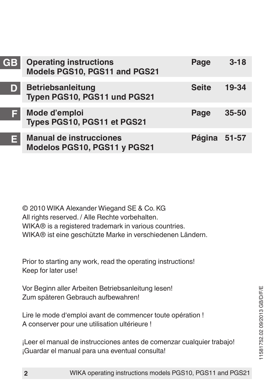 Gb d f e | WIKA PGS21 User Manual | Page 2 / 68