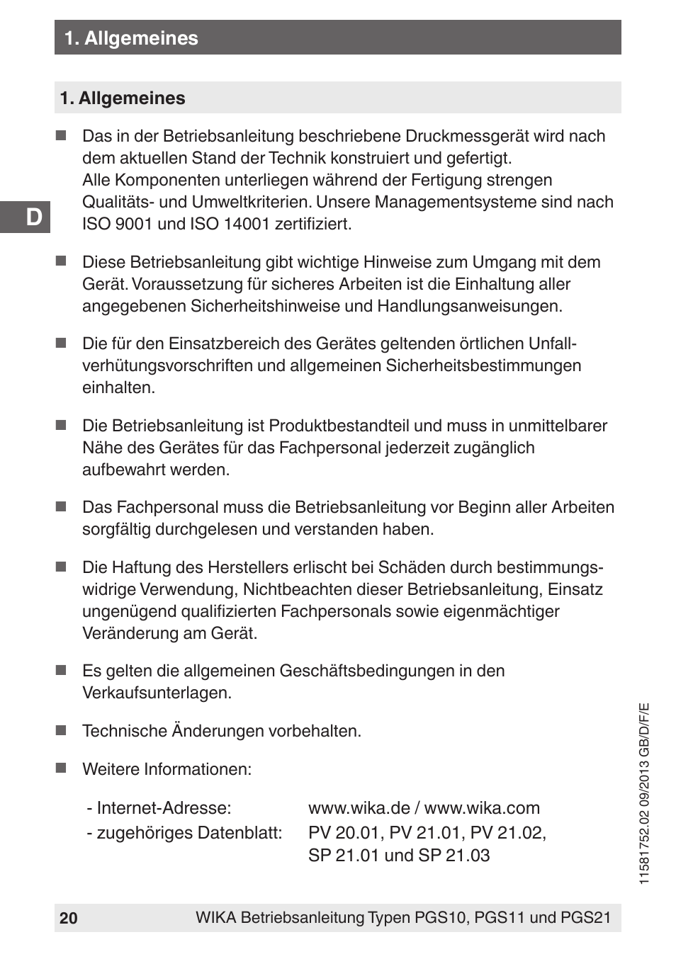 Allgemeines | WIKA PGS21 User Manual | Page 20 / 68