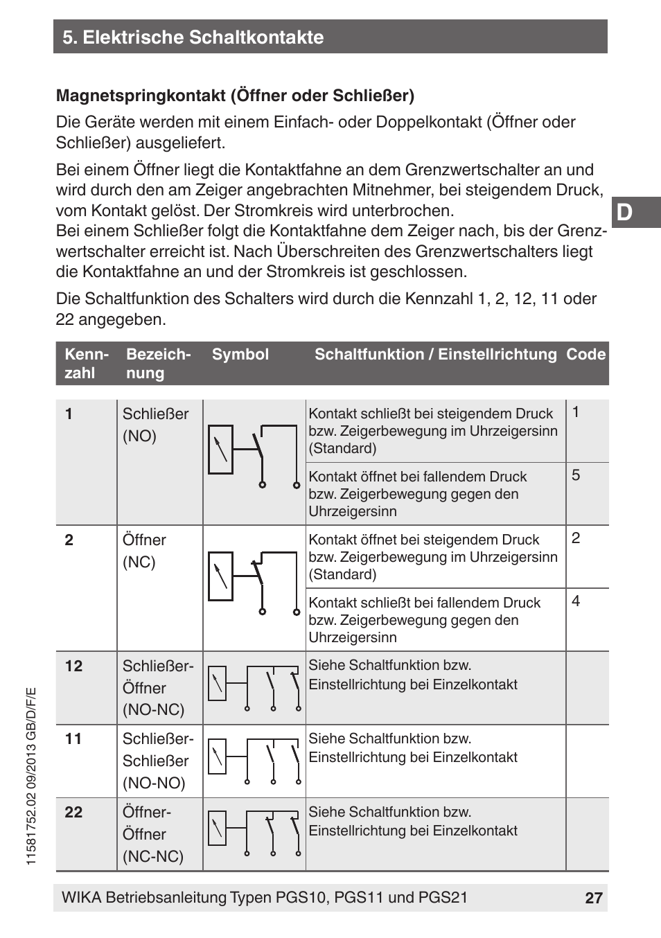 Elektrische schaltkontakte | WIKA PGS21 User Manual | Page 27 / 68