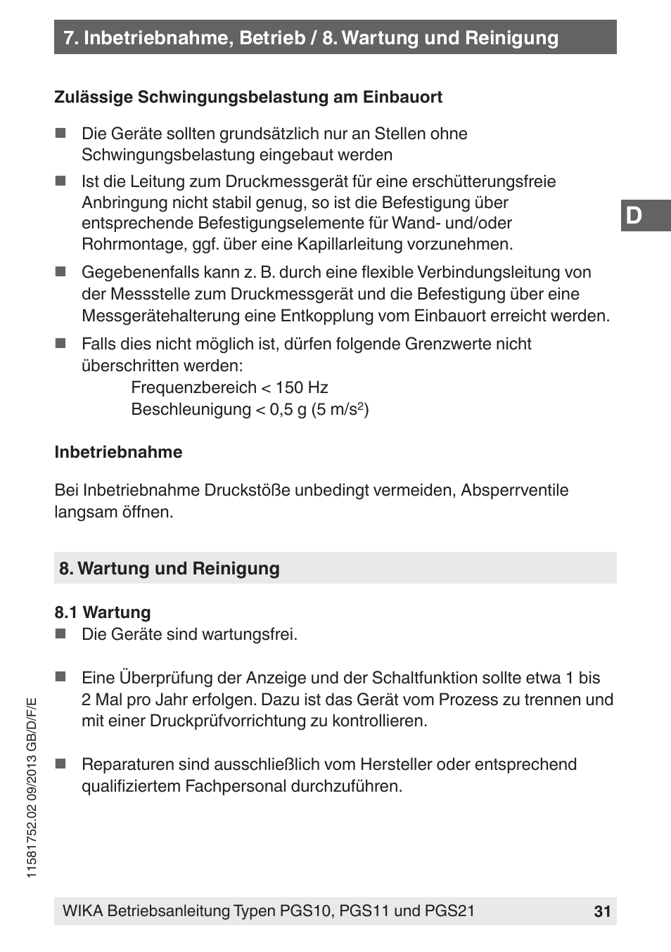 Inbetriebnahme, betrieb / 8. wartung und reinigung | WIKA PGS21 User Manual | Page 31 / 68