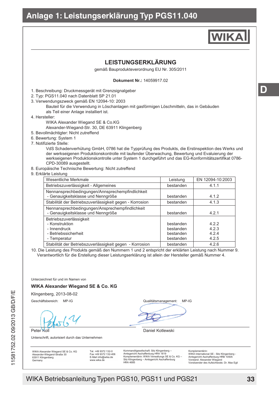 Leistungserklärung | WIKA PGS21 User Manual | Page 33 / 68