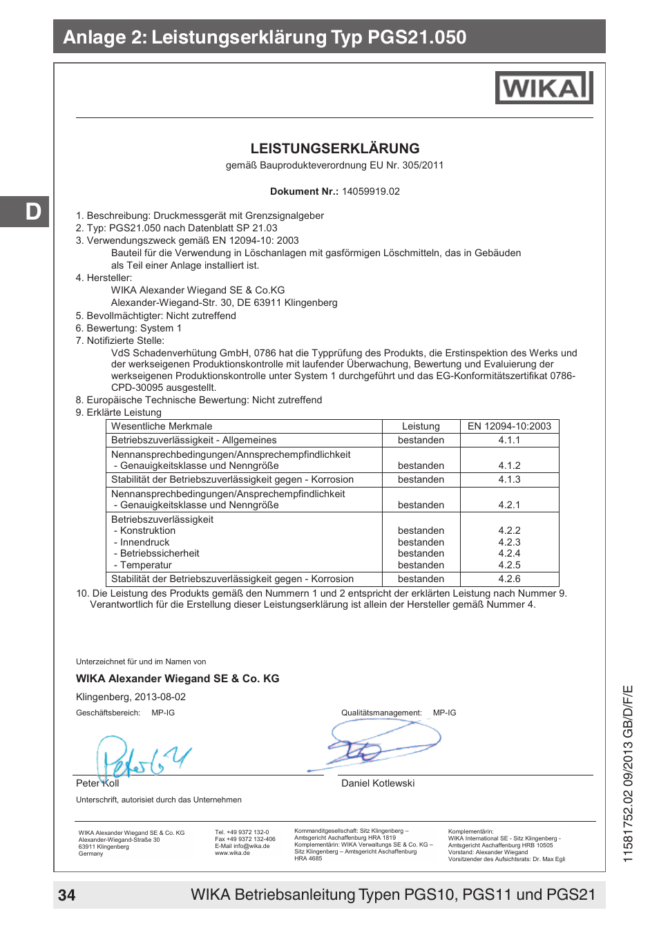 Leistungserklärung | WIKA PGS21 User Manual | Page 34 / 68