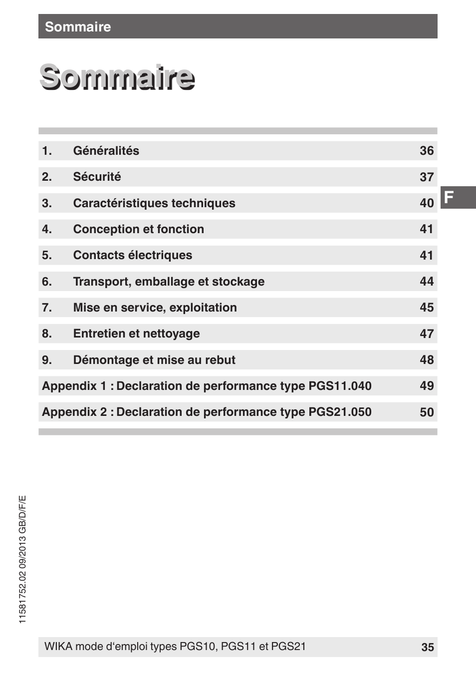 Sommaire | WIKA PGS21 User Manual | Page 35 / 68