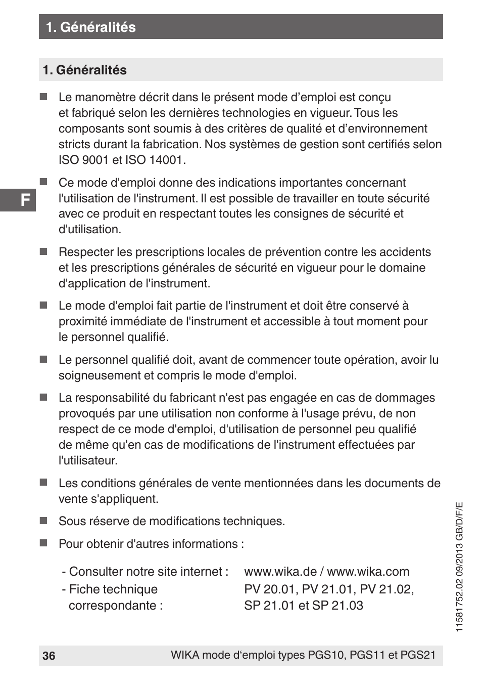 Généralités | WIKA PGS21 User Manual | Page 36 / 68