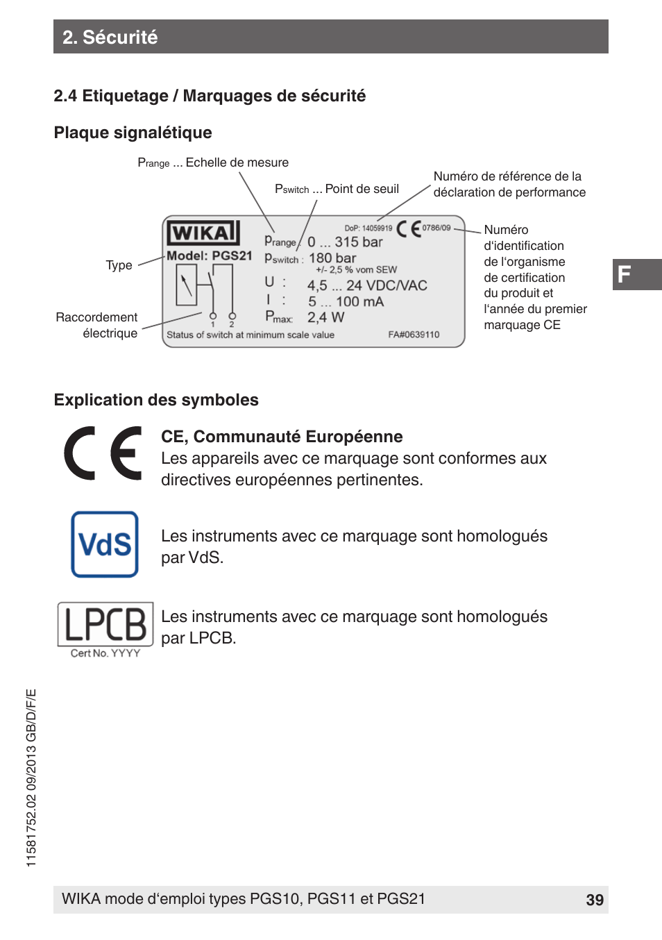 Sécurité | WIKA PGS21 User Manual | Page 39 / 68