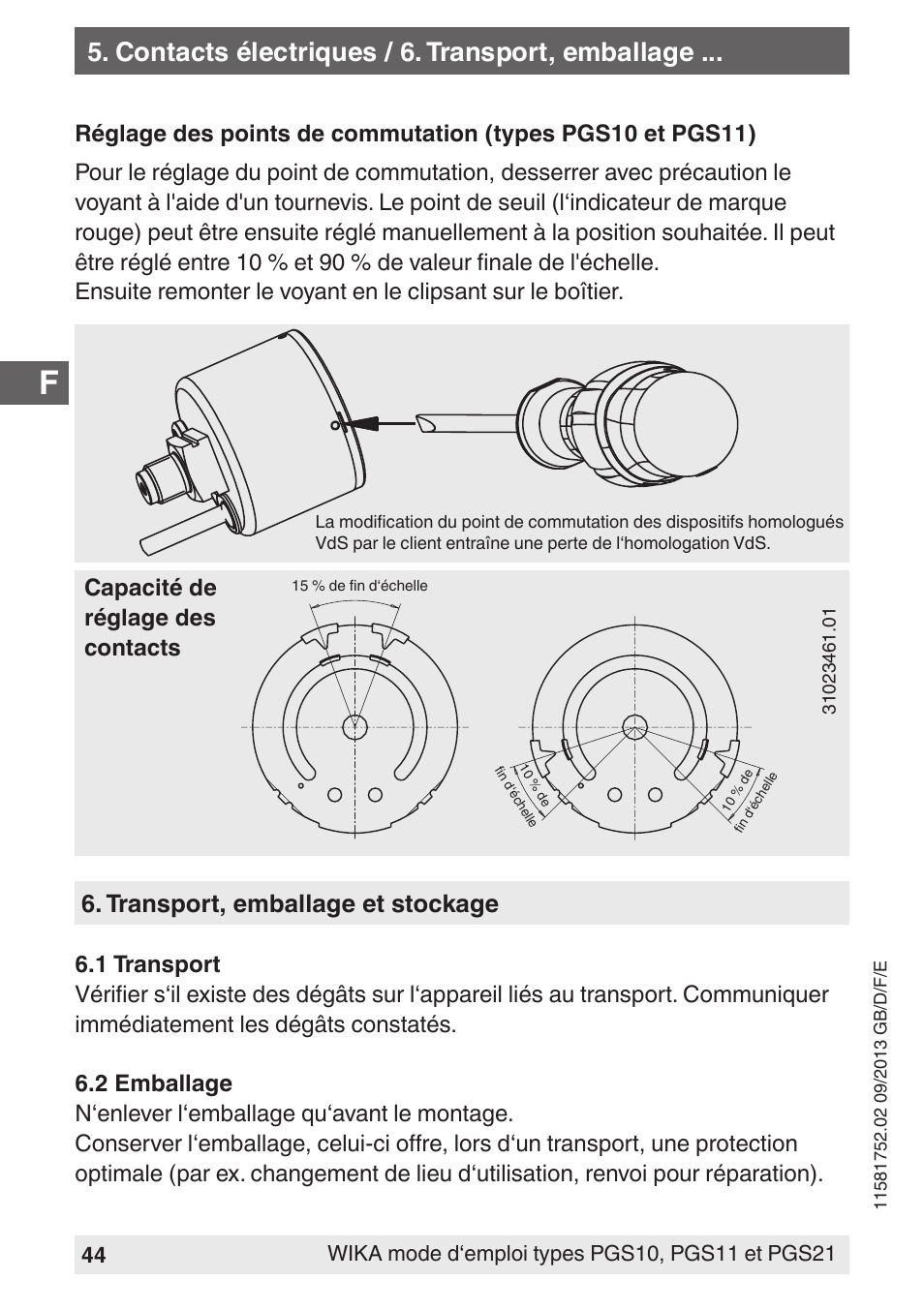 Contacts électriques / 6. transport, emballage | WIKA PGS21 User Manual | Page 44 / 68