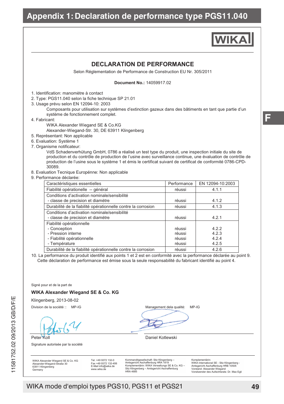 Declaration de performance | WIKA PGS21 User Manual | Page 49 / 68