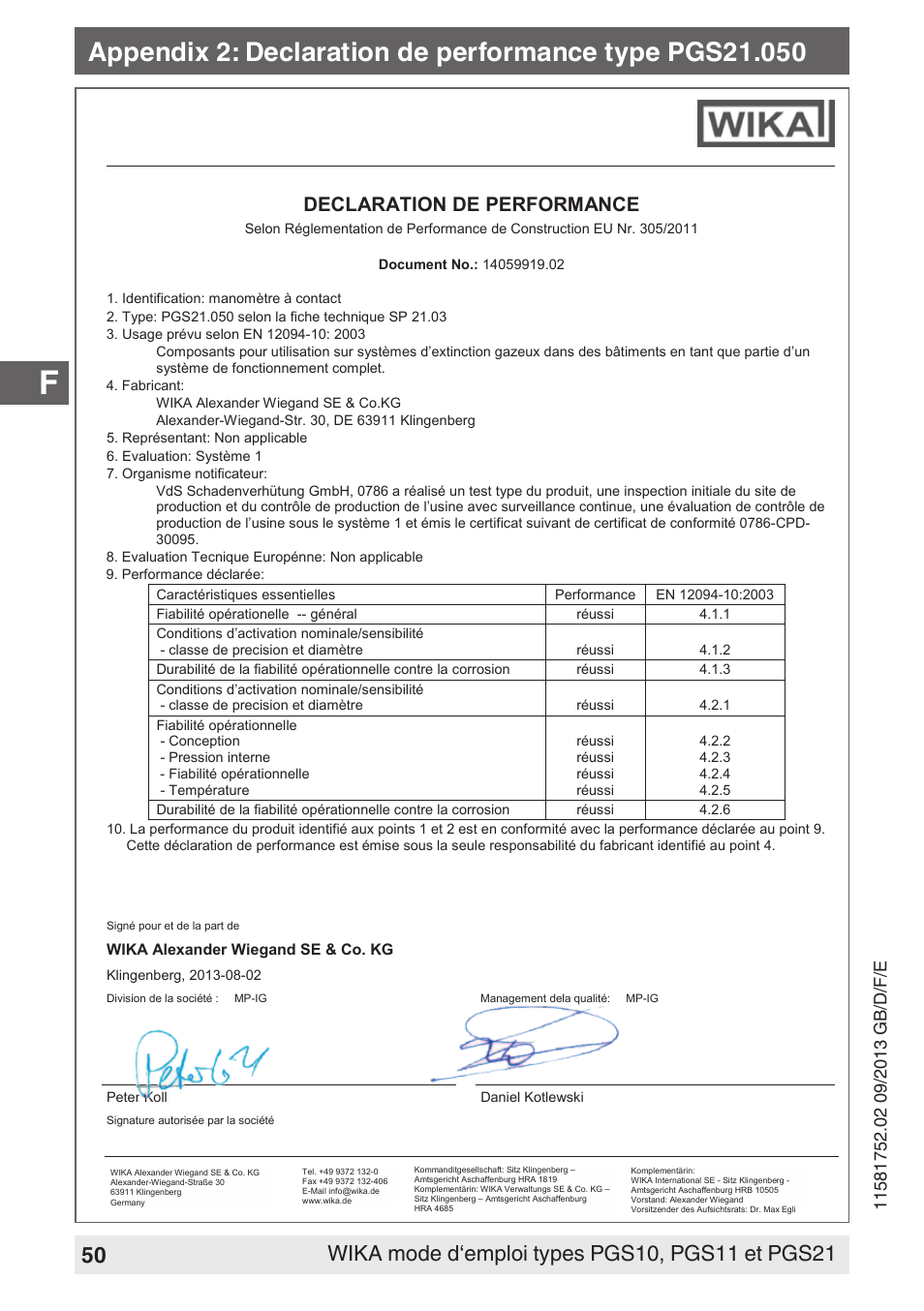 Declaration de performance | WIKA PGS21 User Manual | Page 50 / 68