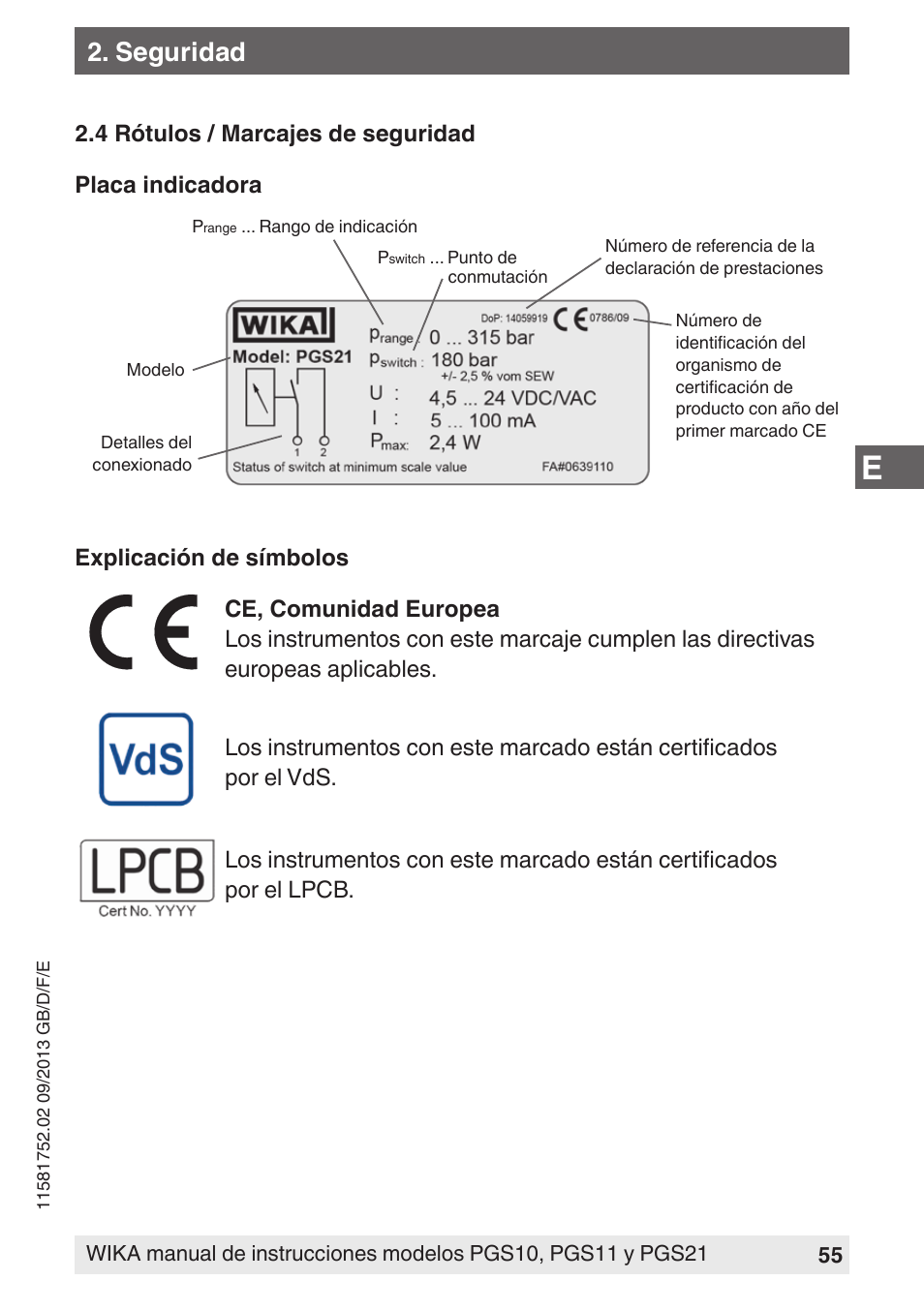 Seguridad | WIKA PGS21 User Manual | Page 55 / 68