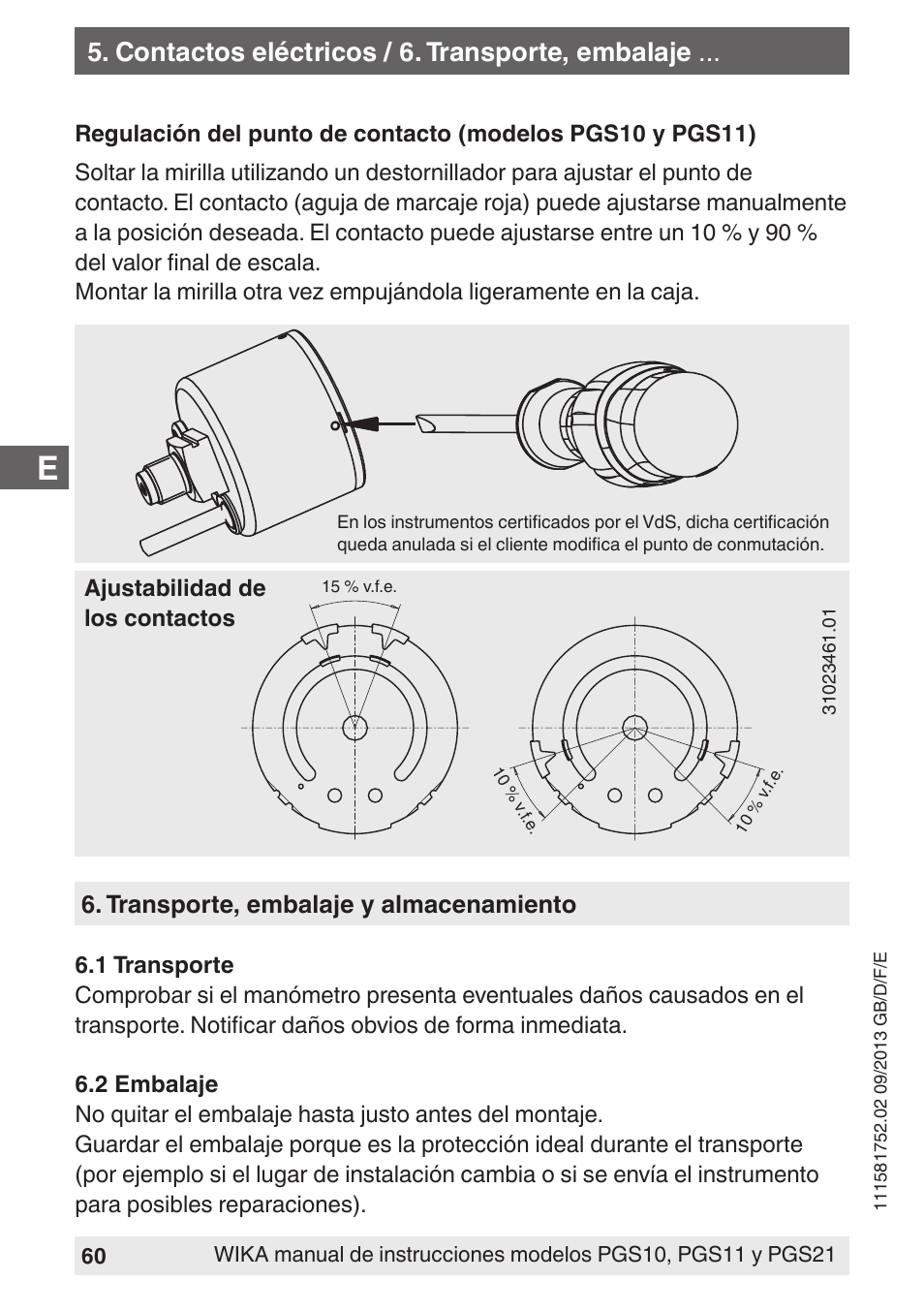 Contactos eléctricos / 6. transporte, embalaje | WIKA PGS21 User Manual | Page 60 / 68