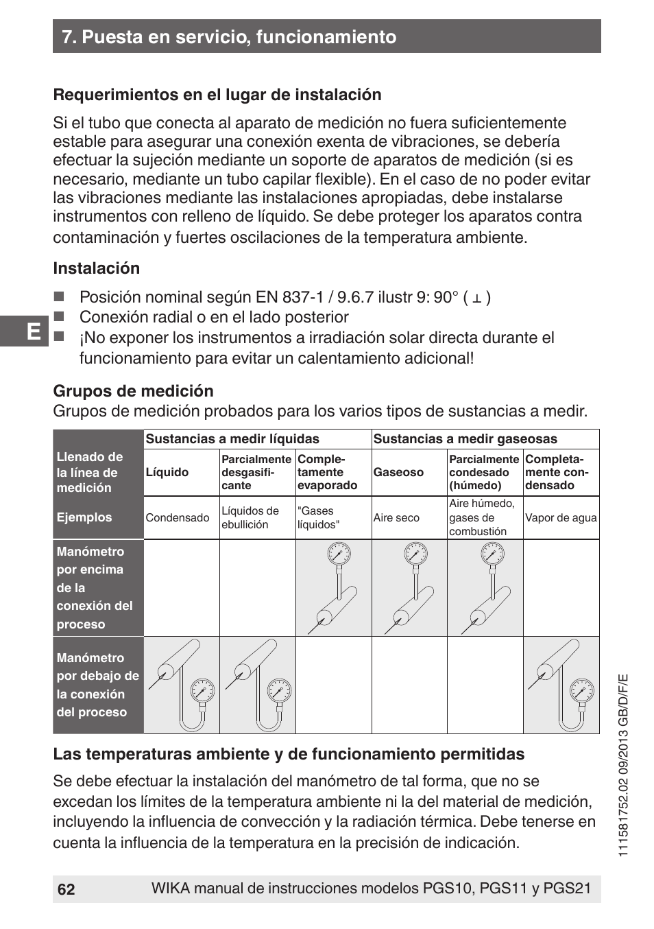 Puesta en servicio, funcionamiento | WIKA PGS21 User Manual | Page 62 / 68